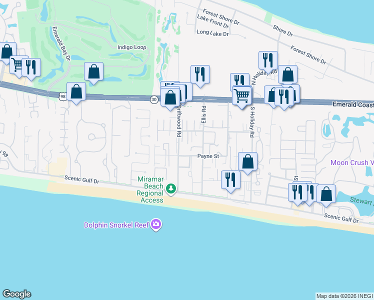 map of restaurants, bars, coffee shops, grocery stores, and more near 241 Ellis Road in Miramar Beach