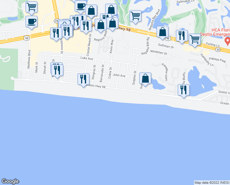 map of restaurants, bars, coffee shops, grocery stores, and more near 125 Crystal Beach Drive in Destin