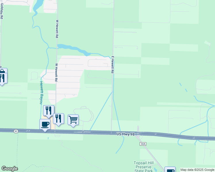map of restaurants, bars, coffee shops, grocery stores, and more near 40 Long Leaf Circle in Santa Rosa Beach