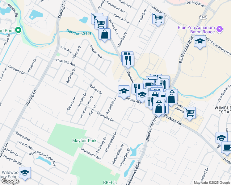 map of restaurants, bars, coffee shops, grocery stores, and more near 9500 Hyacinth Avenue in Baton Rouge