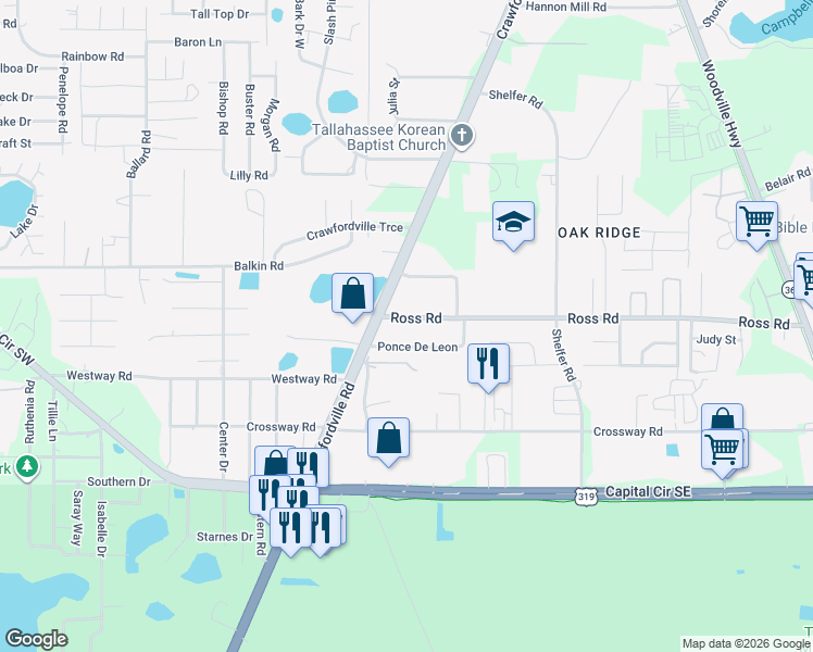 map of restaurants, bars, coffee shops, grocery stores, and more near 122 Ponce De Leon in Tallahassee