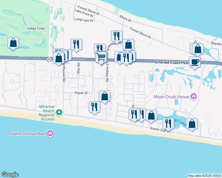 map of restaurants, bars, coffee shops, grocery stores, and more near 72 Saint Simon Circle in Miramar Beach
