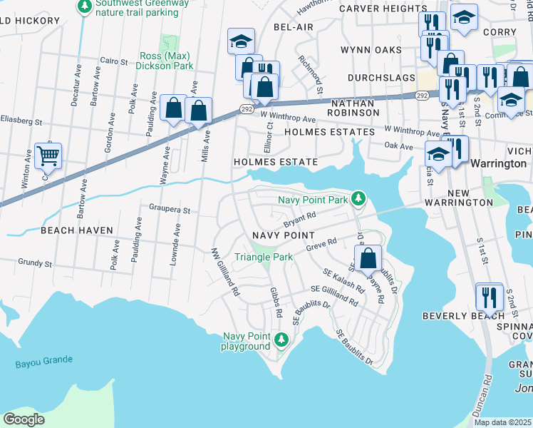 map of restaurants, bars, coffee shops, grocery stores, and more near 323 Bryant Road in Pensacola