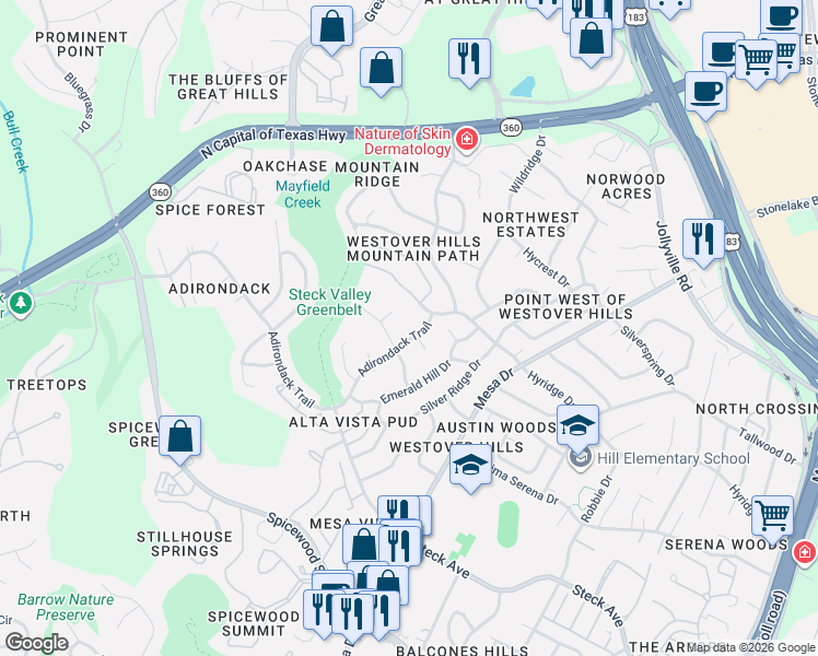 map of restaurants, bars, coffee shops, grocery stores, and more near 8307 Adirondack Trail in Austin
