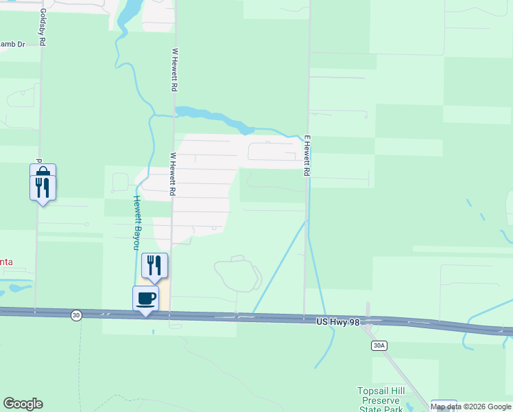 map of restaurants, bars, coffee shops, grocery stores, and more near 228 Long Leaf Circle in Santa Rosa Beach