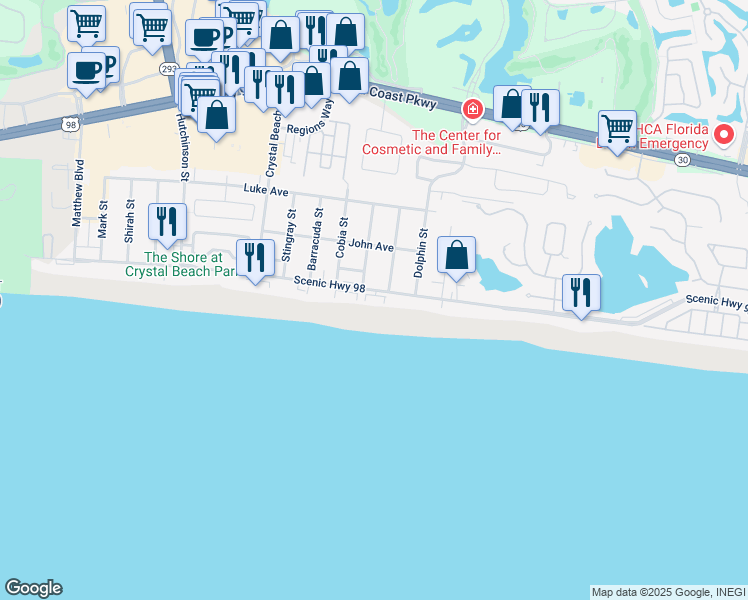 map of restaurants, bars, coffee shops, grocery stores, and more near 3290 Scenic Highway 98 in Destin