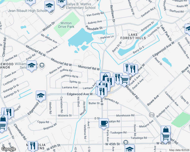 map of restaurants, bars, coffee shops, grocery stores, and more near 2332 Lantana Avenue in Jacksonville