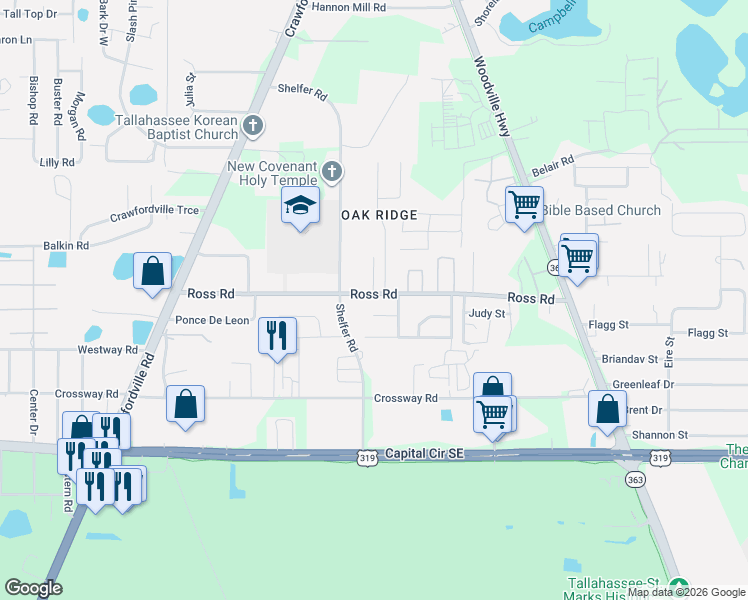 map of restaurants, bars, coffee shops, grocery stores, and more near 268 White Oak Drive in Tallahassee