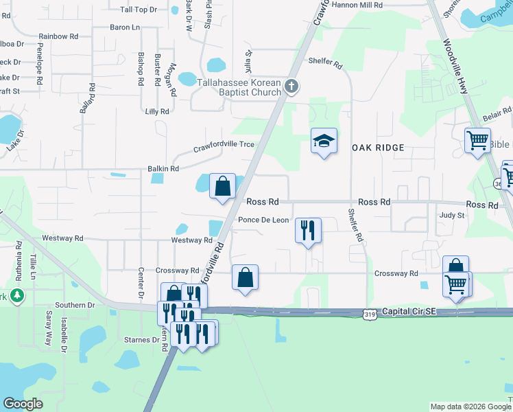 map of restaurants, bars, coffee shops, grocery stores, and more near 122 Ponce De Leon in Tallahassee