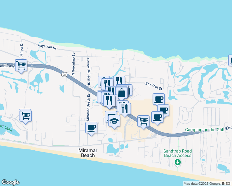map of restaurants, bars, coffee shops, grocery stores, and more near 45 South Shore Drive in Miramar Beach
