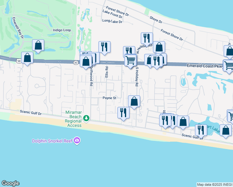 map of restaurants, bars, coffee shops, grocery stores, and more near 13 Emerald Haven Drive in Miramar Beach