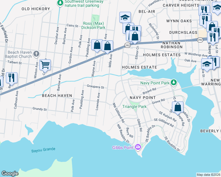 map of restaurants, bars, coffee shops, grocery stores, and more near 610 Mills Avenue in Pensacola