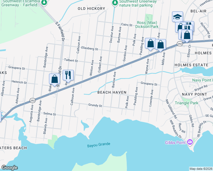 map of restaurants, bars, coffee shops, grocery stores, and more near 600 Decatur Avenue in Pensacola