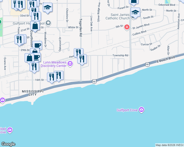 map of restaurants, bars, coffee shops, grocery stores, and more near 121 Markham Drive in Gulfport