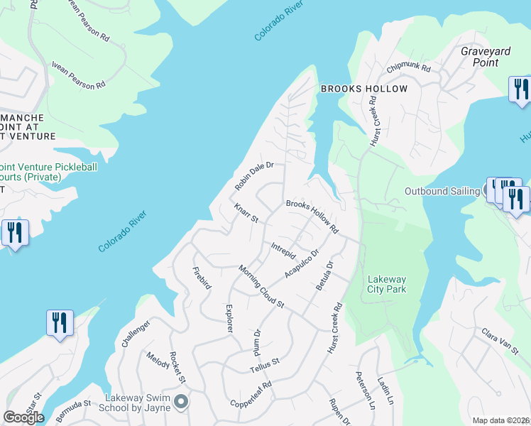map of restaurants, bars, coffee shops, grocery stores, and more near 602 Explorer in Lakeway