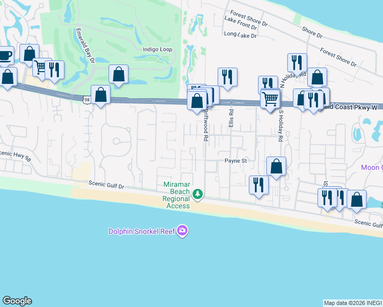 map of restaurants, bars, coffee shops, grocery stores, and more near 81 Payne Street in Miramar Beach