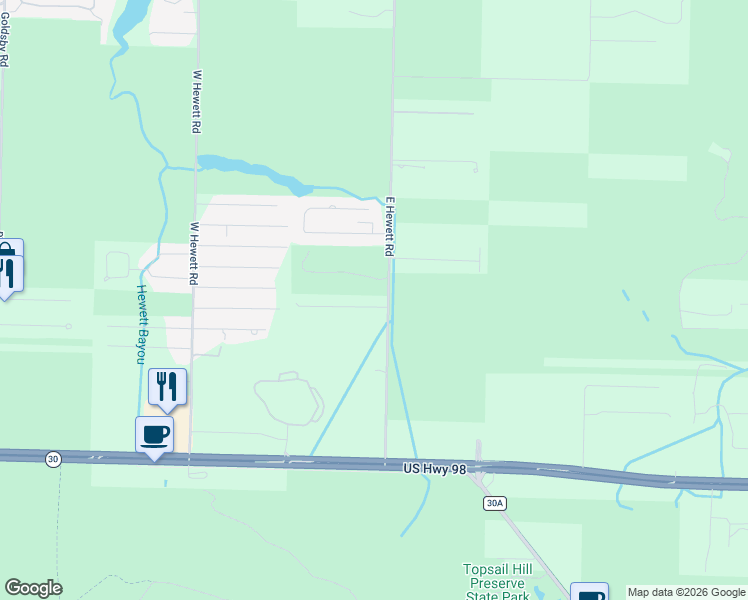 map of restaurants, bars, coffee shops, grocery stores, and more near 40 Long Leaf Circle in Santa Rosa Beach