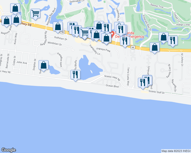 map of restaurants, bars, coffee shops, grocery stores, and more near 3551 Scenic Highway 98 in Destin