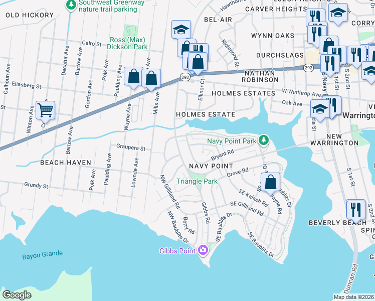 map of restaurants, bars, coffee shops, grocery stores, and more near 329 Bryant Road in Pensacola