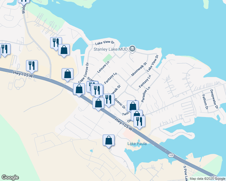 map of restaurants, bars, coffee shops, grocery stores, and more near 10703 Windswept in Montgomery