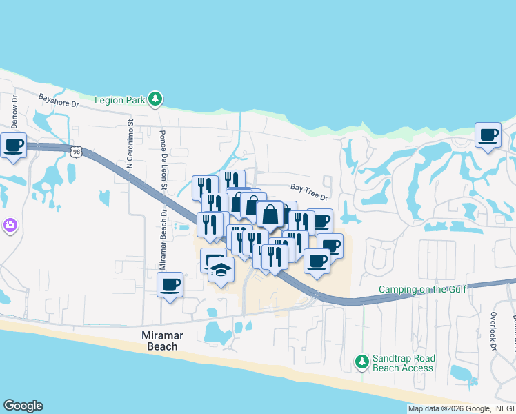 map of restaurants, bars, coffee shops, grocery stores, and more near 12 Bay Haven Court in Miramar Beach