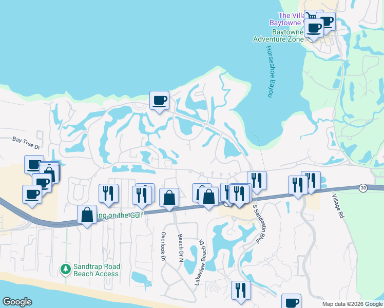 map of restaurants, bars, coffee shops, grocery stores, and more near 730 Sandpiper Place in Miramar Beach