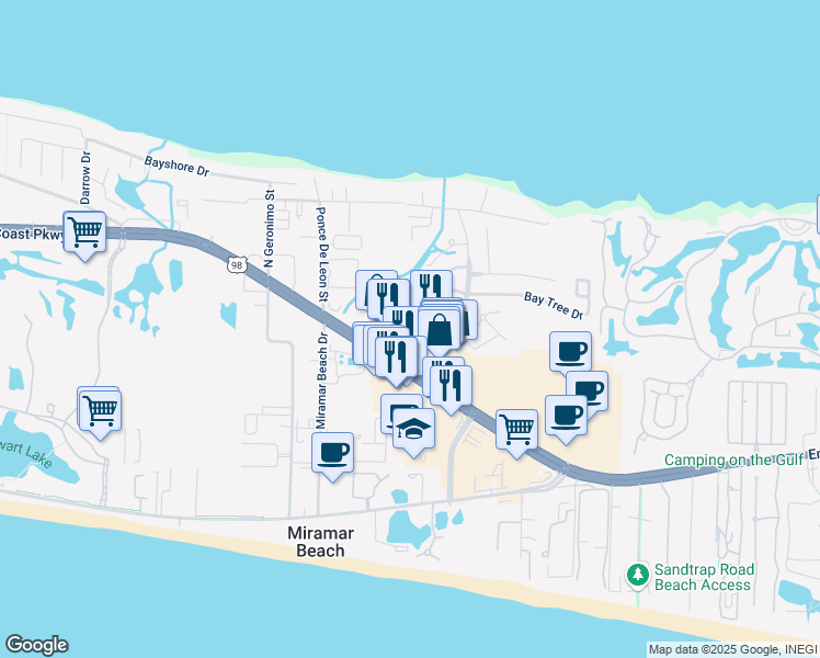 map of restaurants, bars, coffee shops, grocery stores, and more near 95 Bay Haven Court in Miramar Beach