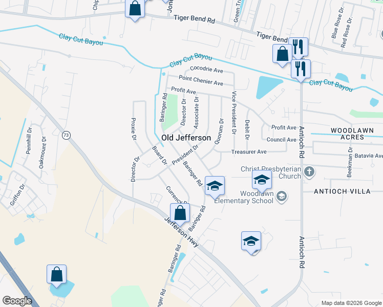 map of restaurants, bars, coffee shops, grocery stores, and more near 7715 Baringer Road in Baton Rouge