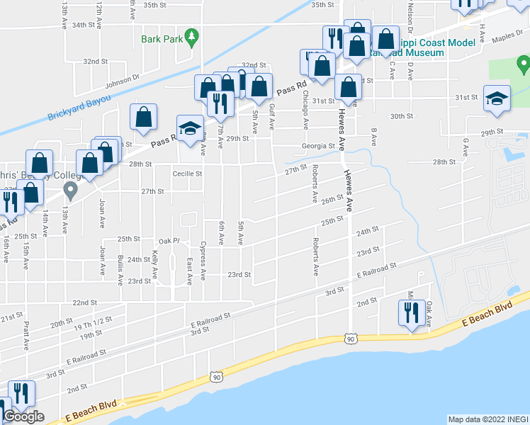 map of restaurants, bars, coffee shops, grocery stores, and more near 814 26th Street in Gulfport