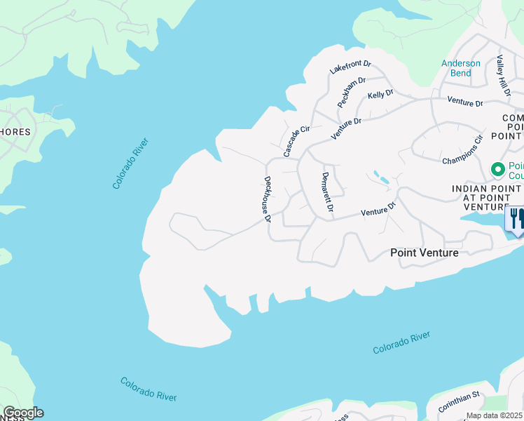 map of restaurants, bars, coffee shops, grocery stores, and more near 614 Deckhouse Drive in Lago Vista