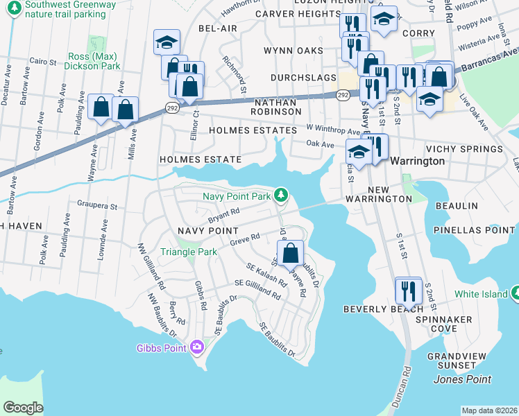 map of restaurants, bars, coffee shops, grocery stores, and more near 212 West Sunset Avenue in Pensacola