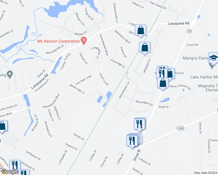 map of restaurants, bars, coffee shops, grocery stores, and more near 100 Trace Loop in Mandeville