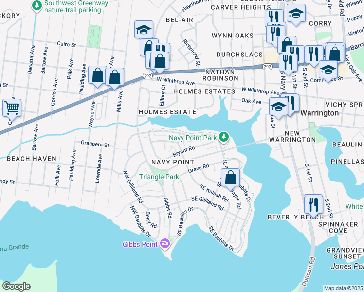 map of restaurants, bars, coffee shops, grocery stores, and more near 225 Bryant Road in Pensacola