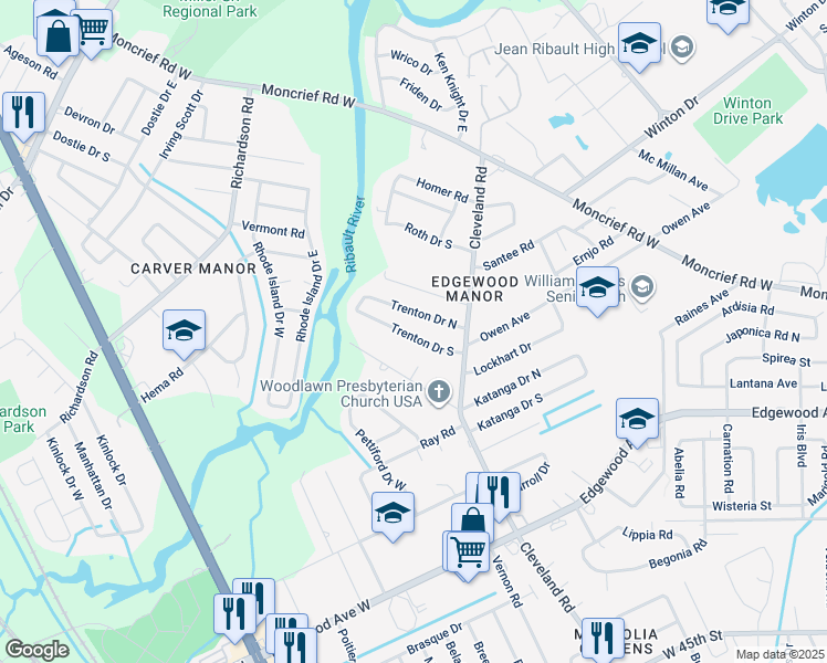 map of restaurants, bars, coffee shops, grocery stores, and more near 4429 Trenton Drive South in Jacksonville