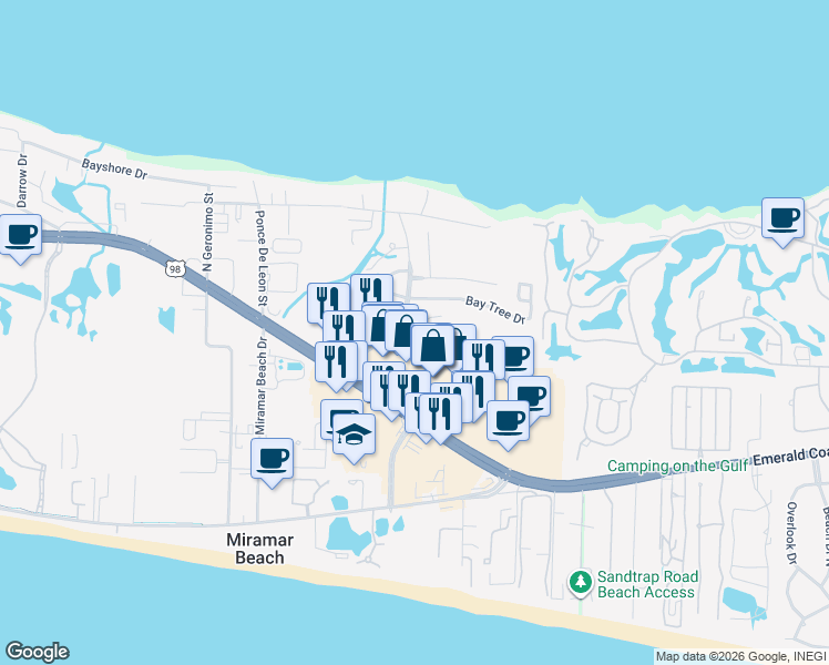 map of restaurants, bars, coffee shops, grocery stores, and more near 126 South Shore Drive in Miramar Beach
