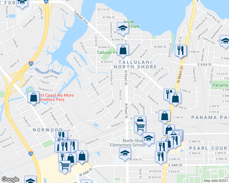 map of restaurants, bars, coffee shops, grocery stores, and more near 6645 Vermillion Street in Jacksonville