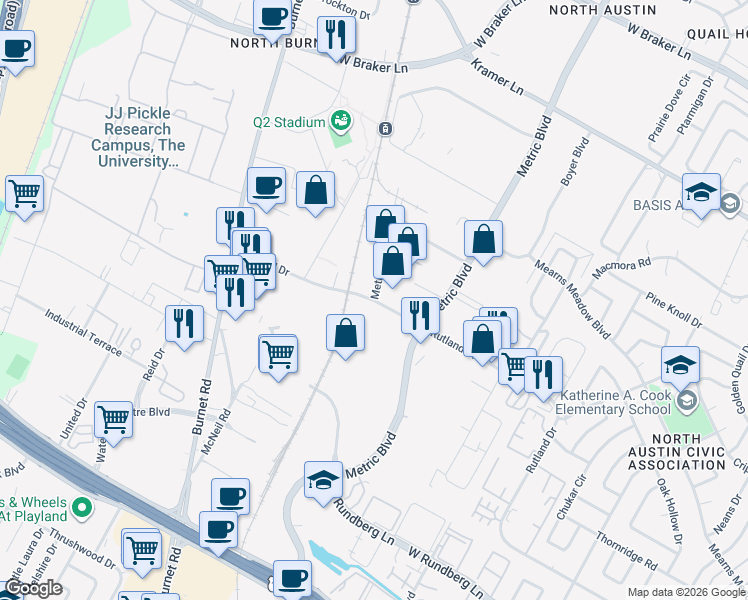 map of restaurants, bars, coffee shops, grocery stores, and more near 2209 B Rutland Drive in Austin