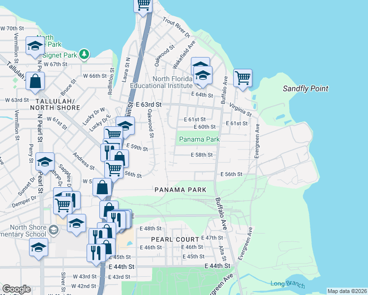 map of restaurants, bars, coffee shops, grocery stores, and more near 504 East 58th Street in Jacksonville