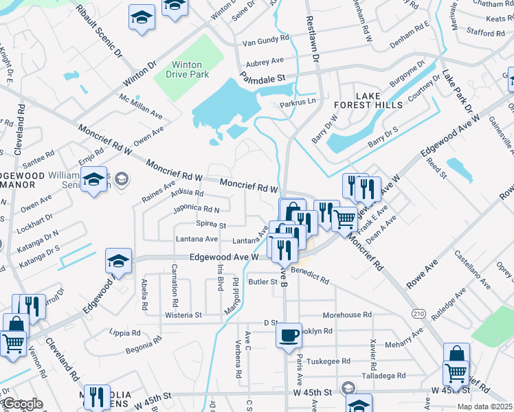 map of restaurants, bars, coffee shops, grocery stores, and more near 2332 Lantana Avenue in Jacksonville