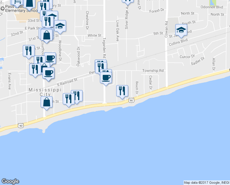map of restaurants, bars, coffee shops, grocery stores, and more near 137 Markham Drive in Gulfport