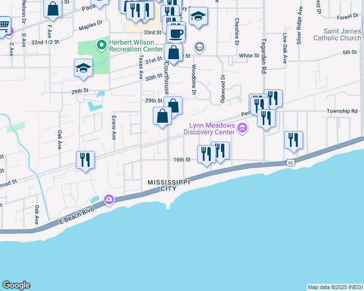 map of restaurants, bars, coffee shops, grocery stores, and more near 207 Palmetto Lane in Gulfport