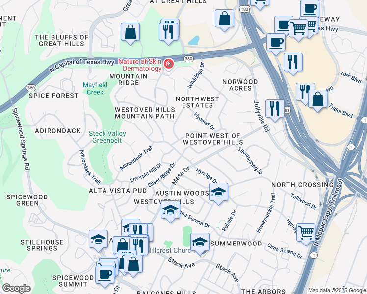 map of restaurants, bars, coffee shops, grocery stores, and more near 8616 Silver Ridge Drive in Austin