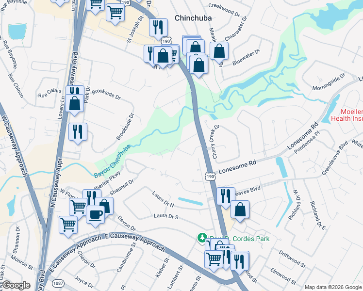 map of restaurants, bars, coffee shops, grocery stores, and more near 133 Wisteria Lane in Mandeville