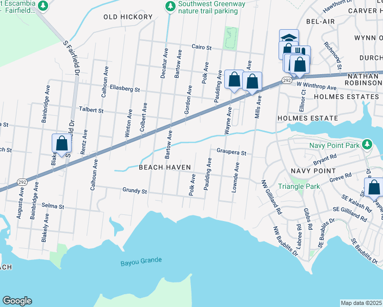 map of restaurants, bars, coffee shops, grocery stores, and more near 628 Gordon Avenue in Pensacola