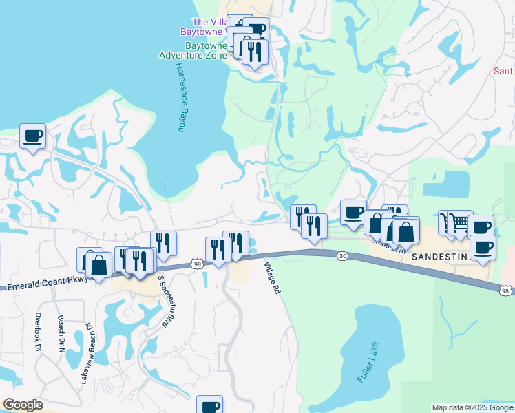 map of restaurants, bars, coffee shops, grocery stores, and more near 8877 Baypine Drive in Destin