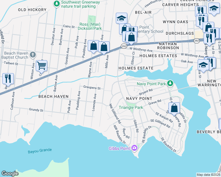 map of restaurants, bars, coffee shops, grocery stores, and more near 610 Mills Avenue in Pensacola