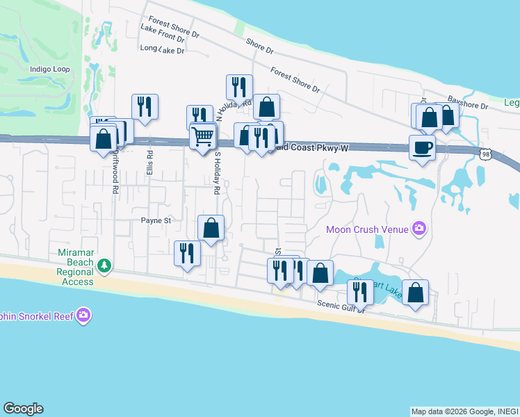 map of restaurants, bars, coffee shops, grocery stores, and more near 56 Penelope Street in Miramar Beach