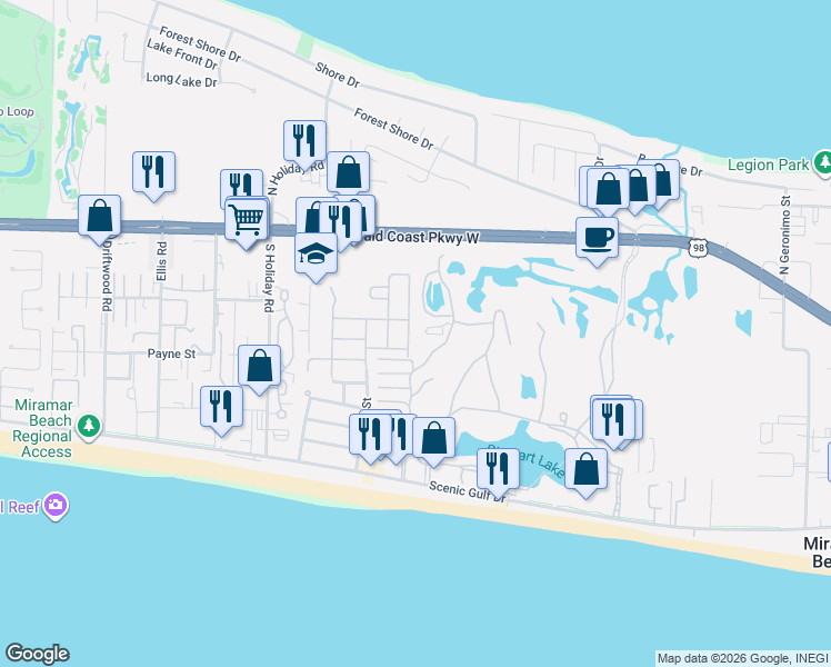map of restaurants, bars, coffee shops, grocery stores, and more near 333 Lakeland Drive in Miramar Beach