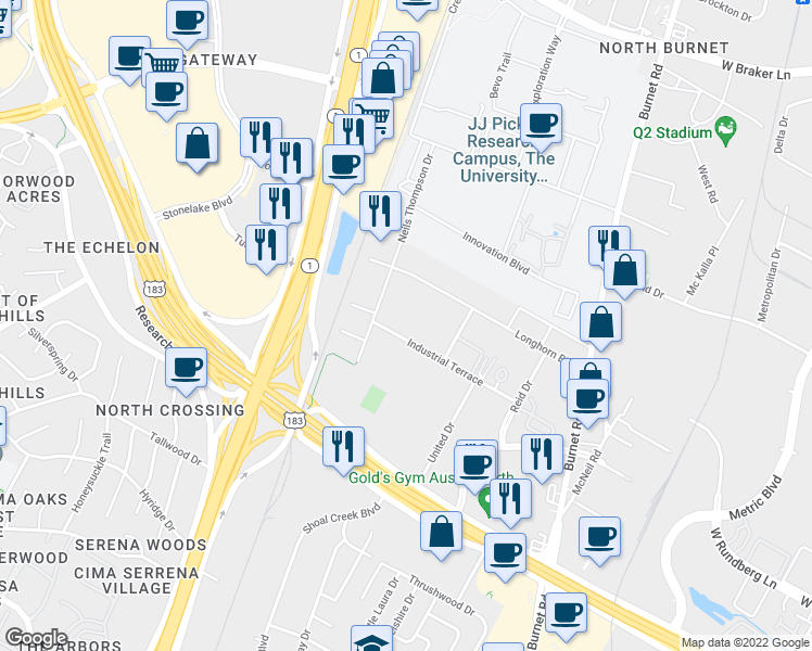 map of restaurants, bars, coffee shops, grocery stores, and more near 3206 Industrial Terrace in Austin