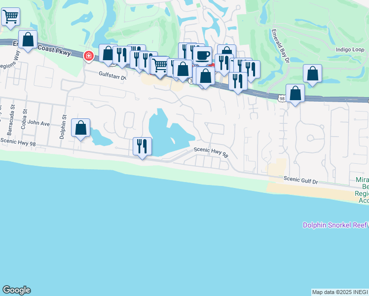 map of restaurants, bars, coffee shops, grocery stores, and more near 3551 Scenic Highway 98 in Destin